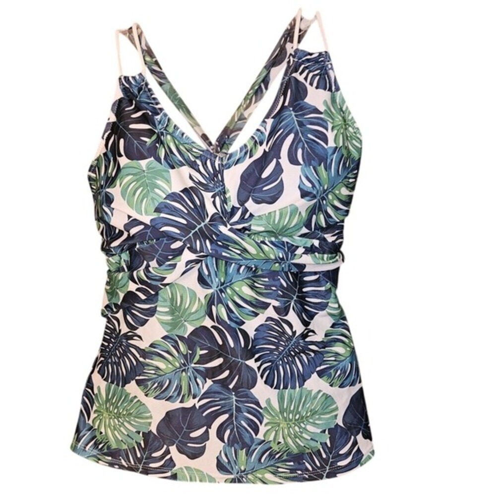 Ekouaer Palm Leaves Tankini Top Size Medium  NWT Tropical Swimwear Blue Green
